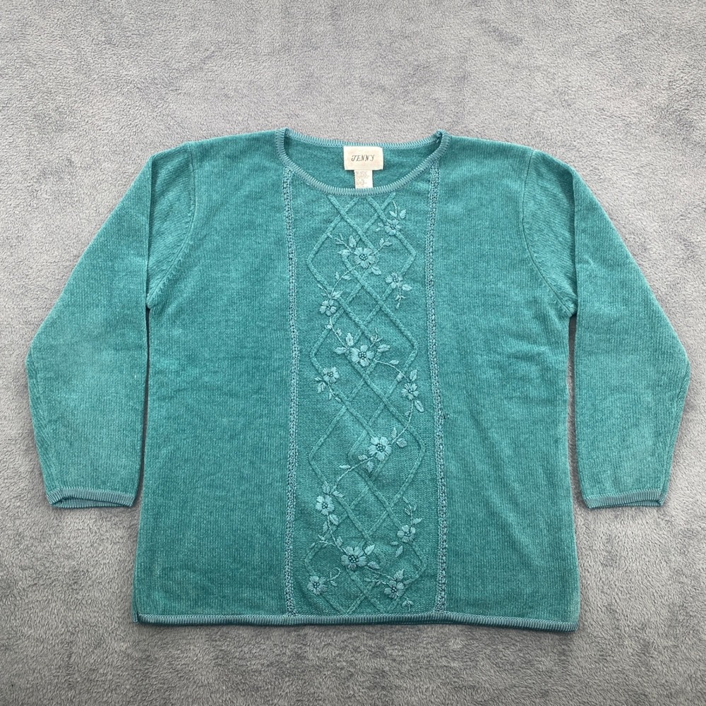 Jenny Sweater Womens XL Teal Floral Embroidered Lattice Crew Neck Knit Top